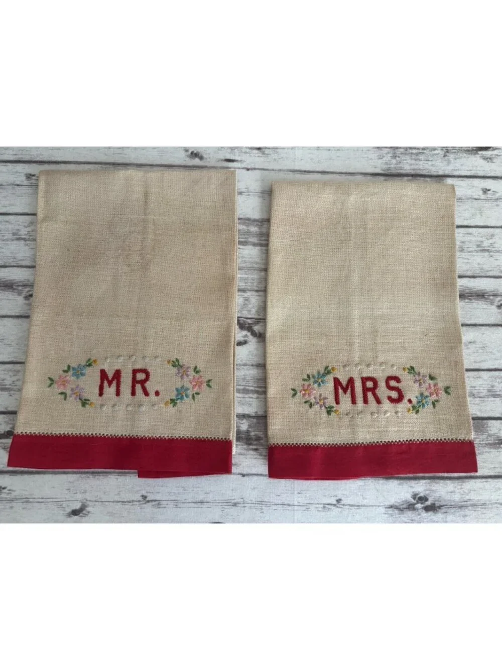 Vintage Hand-Embroidered Red Floral Mrs & Mr Hand Towels 11x18 Linen‎